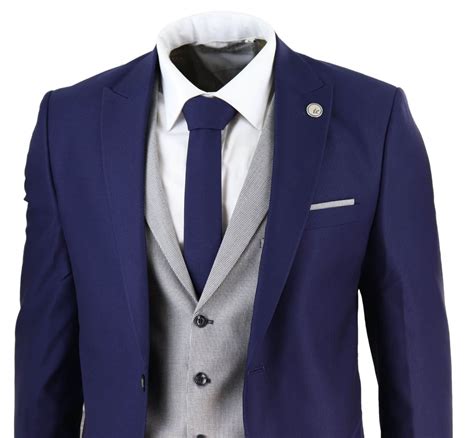 blue suit with grey waistcoat.